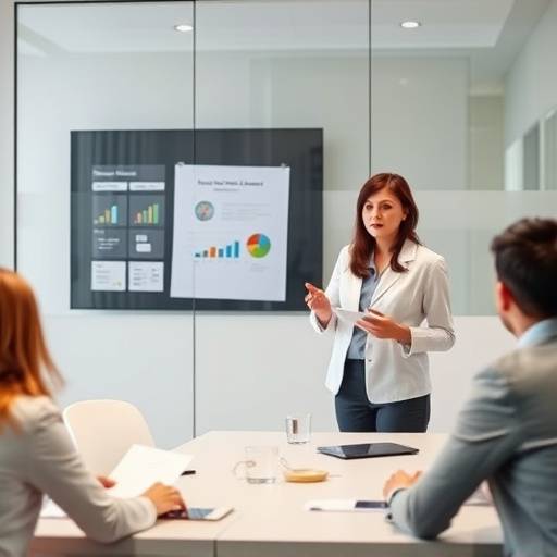 Un consulente aziendale che presenta una strategia a un team in una sala riunioni moderna