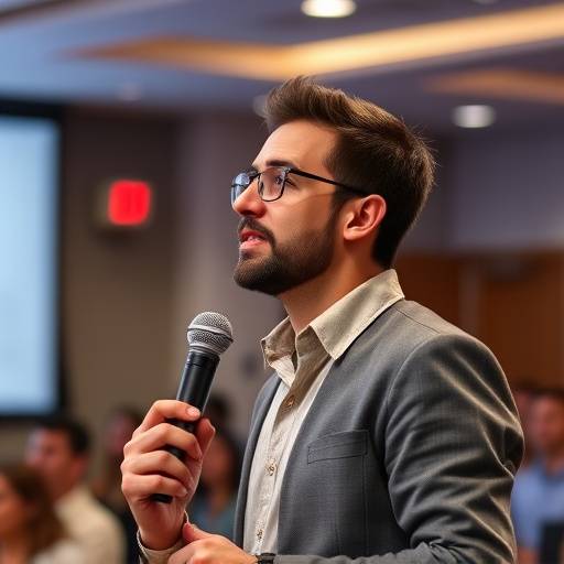 Un oratore motivazionale che parla a un pubblico durante un seminario sullo sviluppo personale