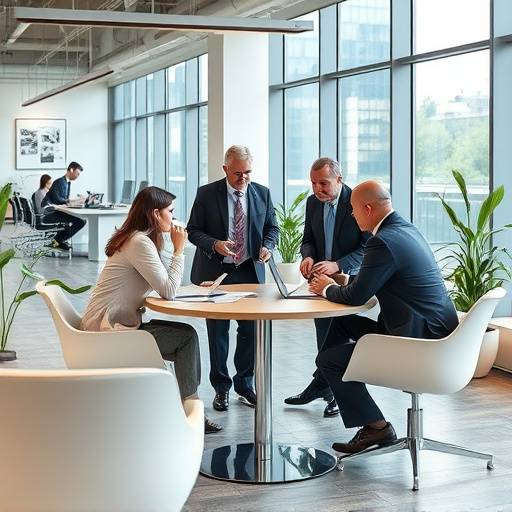 Un team di professionisti che collaborano in un ambiente di ufficio moderno e luminoso, discutendo strategie e soluzioni